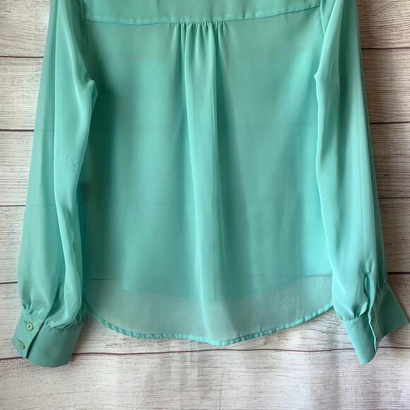 Pearl Teal Button Up Blouse Sheer with Long Sleeves Scoop Neckline Size M - Picture 7 of 15